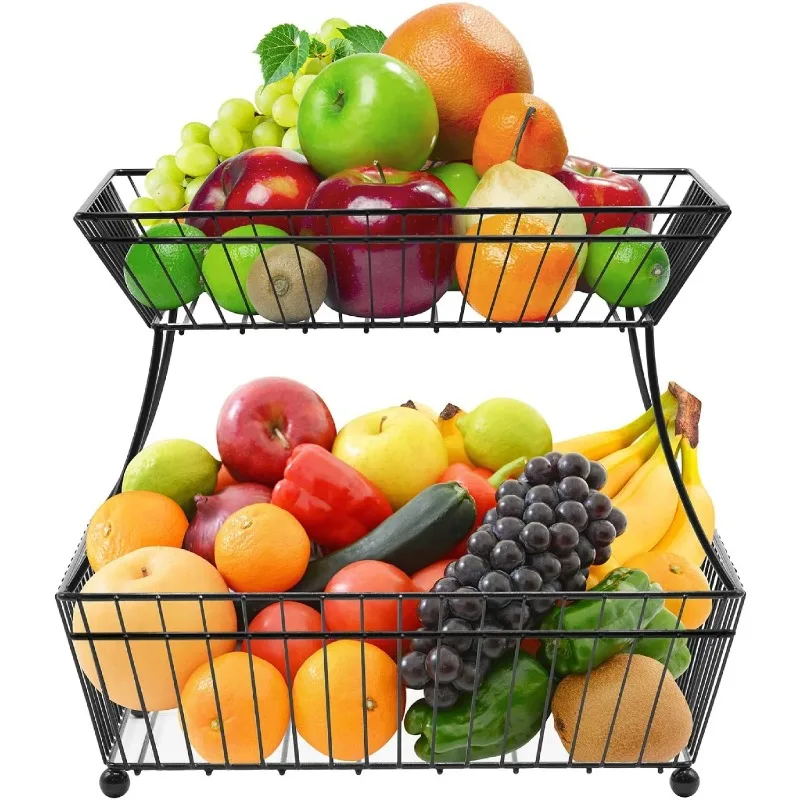 

2-Tier Metal Bread Basket, Great for Bread, Fruit, Vegetables, Snacks, Households and More, Black