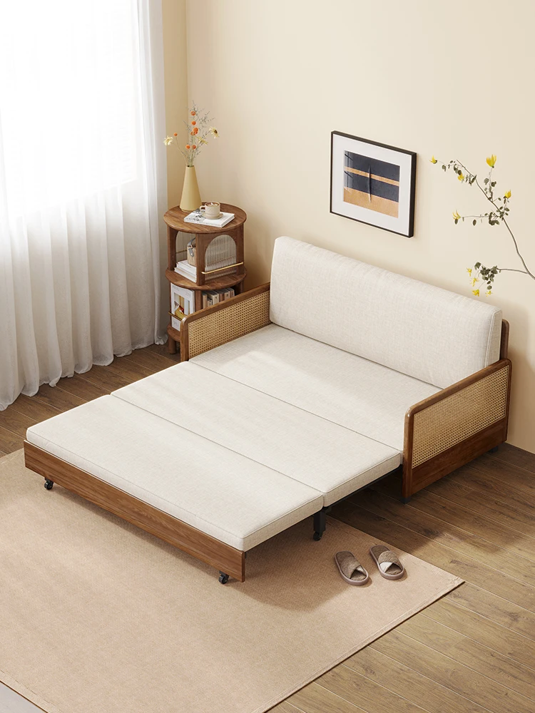 Nordic Folding Sofa Bed Dual-Use Small Apartment Living Room Ash Walnut Color Multi-Functional Pull-out Telescopic Bed