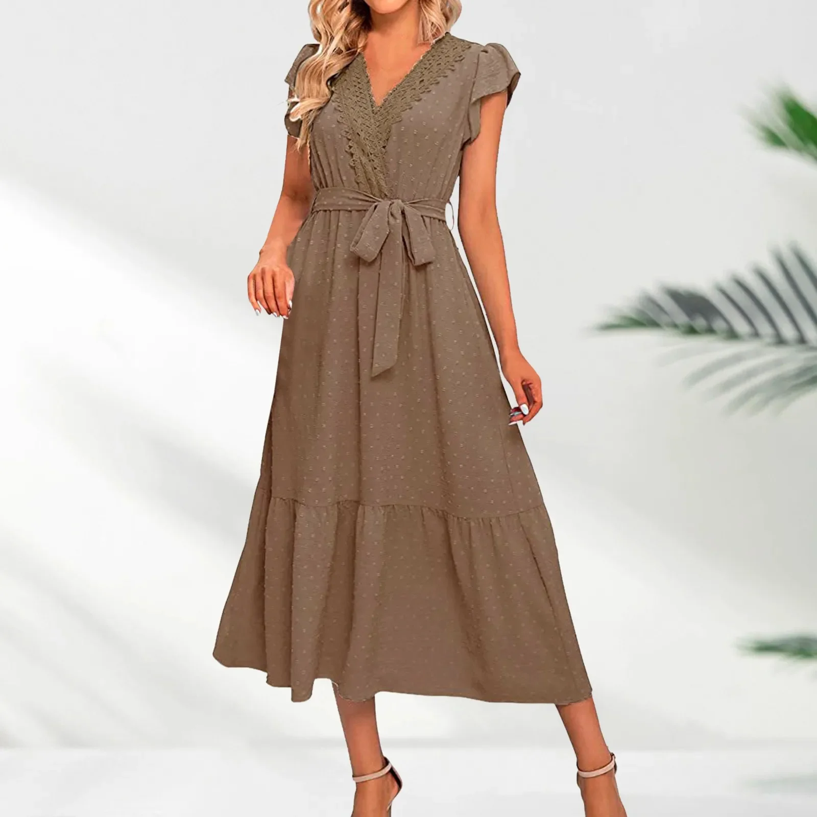 

Women Summer Bohemian Casual Wrap V Neck Ruffle Cap Sleeveless Belt A Line Pleated Hem Swing Midi Sun Dress Ropa Para Mujer