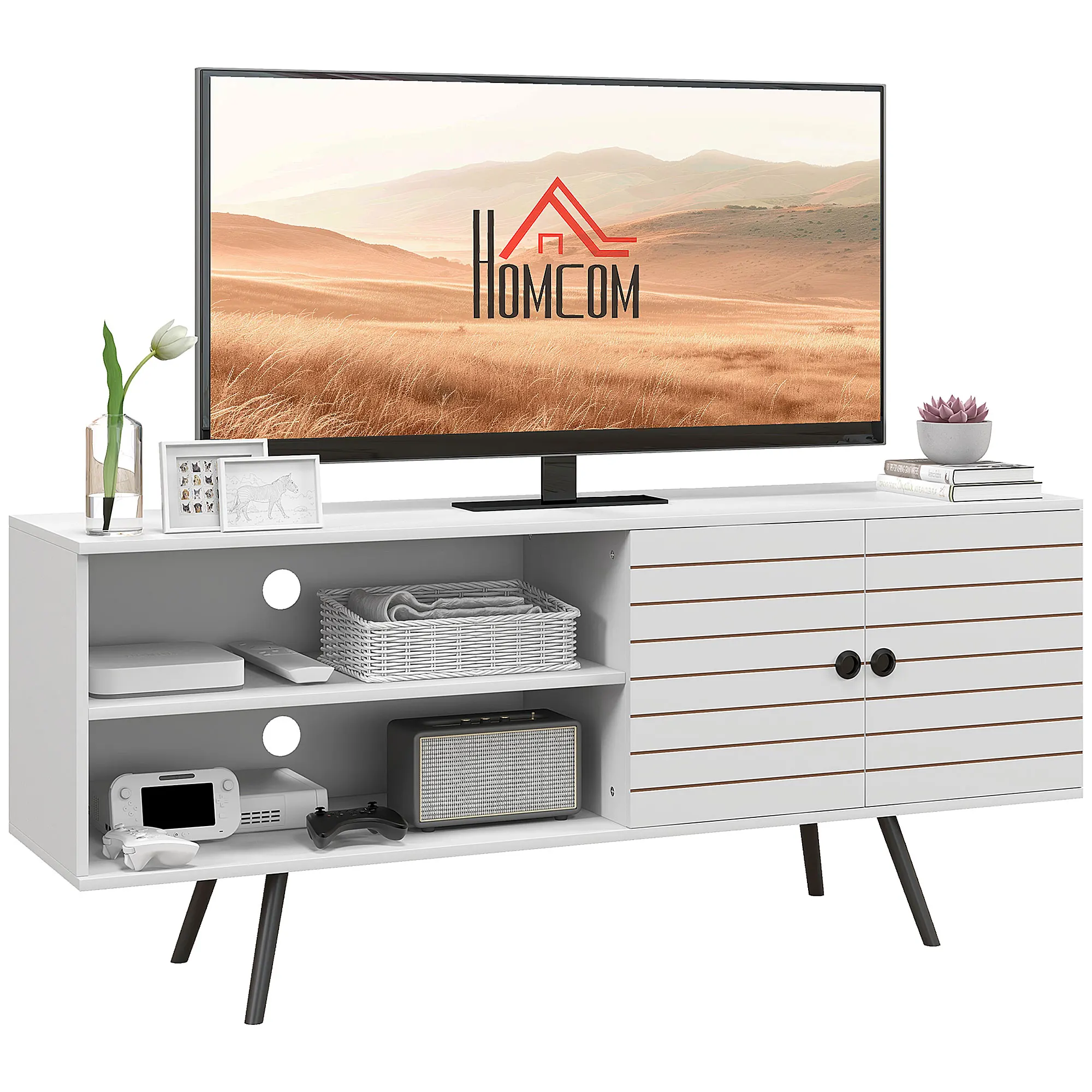 HOMCOM living room TV cabinet with 2 open shelves 145x38x65 cm White