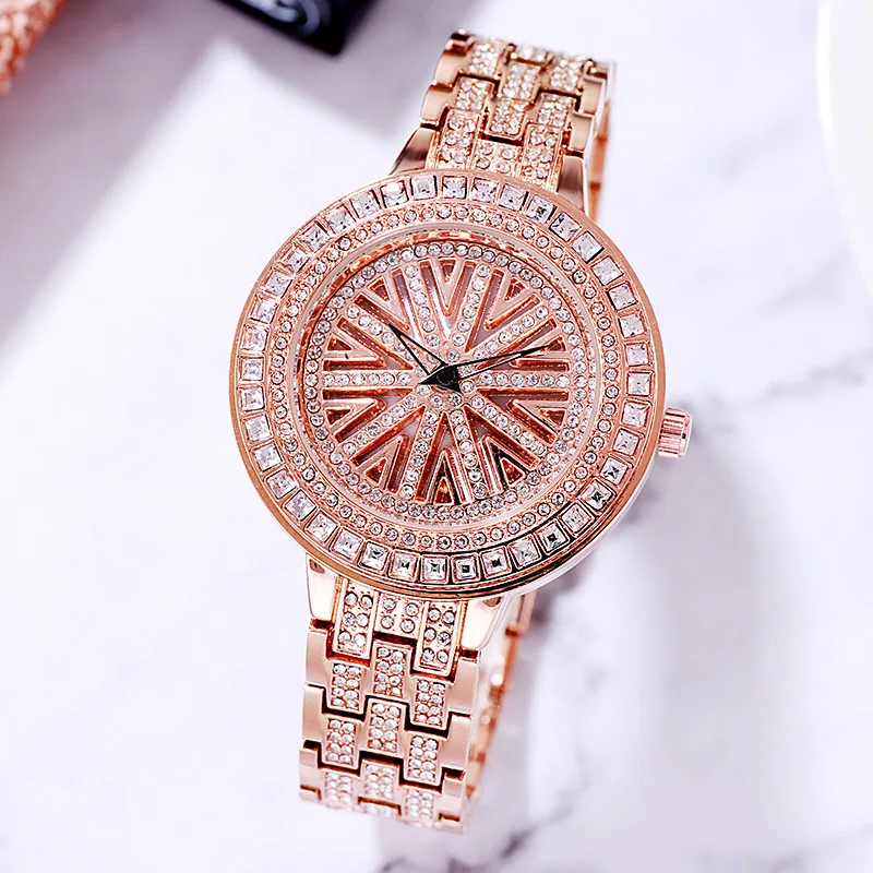 Women's Full Diamond Fortune Rotation Quartz Watch with Waterproof Elegant Round Butterfly Clasp