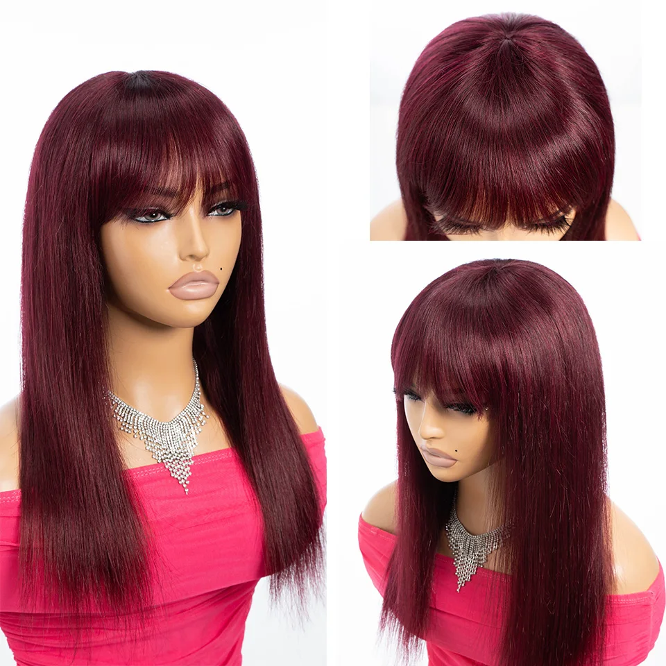 Wine Red 99j Straight Hair Wig With Bangs Long Silky Human Hair Wig For Women Natural Looking Daily/Cosplay Wig 180% Density - Image 4