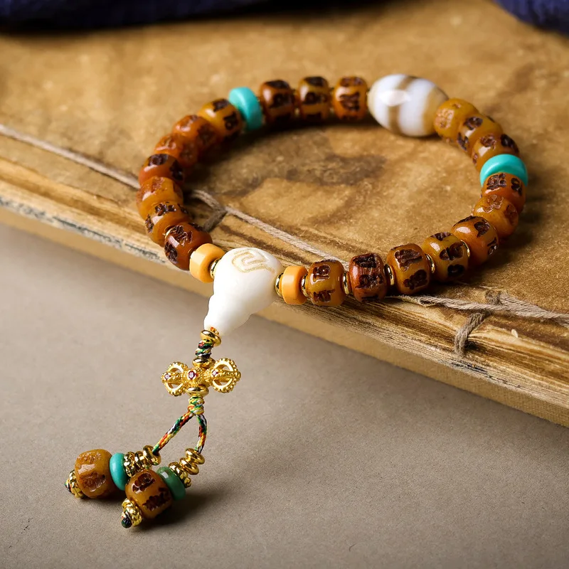 Bone-carved six-syllable mantra Vajra Tibetan- decorative antler bead ethnic-style bracelet