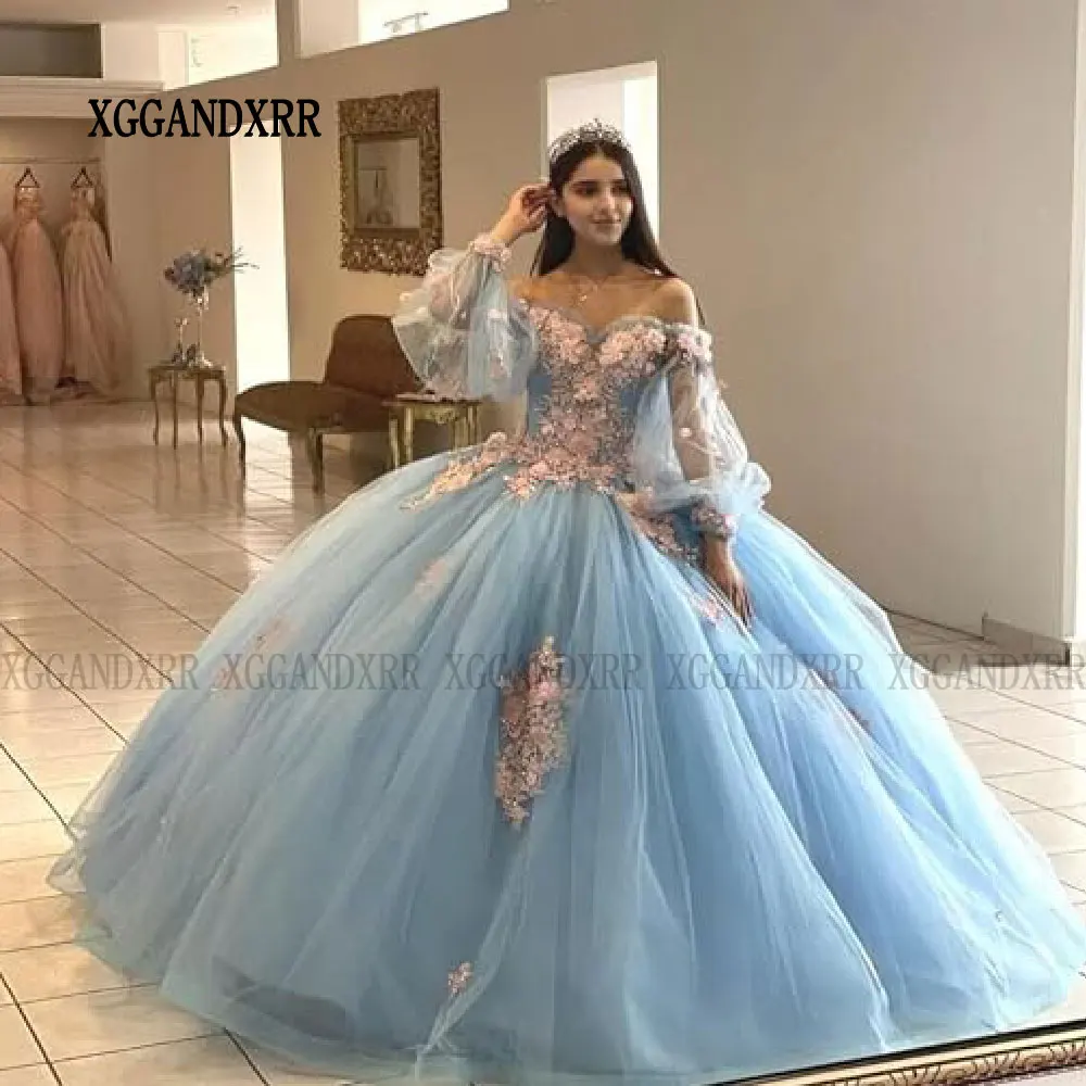 Sky Blue Shiny Sweetheart Quinceanera Dresses Appliques Flower Beads Tulle Puffy Sleeve Formal Dress 16 Years Old Vestidos De 15