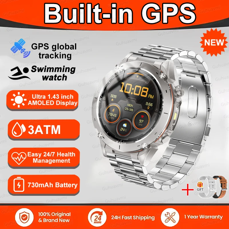 GUHUAVMI 2025 Original GPS Smart Watch Männer 1,43'' AMOLED HD Bildschirm Kompass BT Anruf 3ATM Wasserdicht SWIM 730 mAh Sport Fitness Smartwatch 10