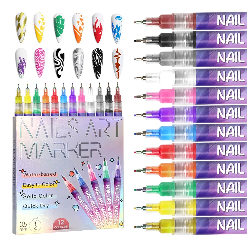 Wholesale Price Nail Art Marker 0.5mm Graffiti Pen 12 Colors Acrylic Paint Coloring Pen Drawing DIY Quick-drying Nail Oil Pen