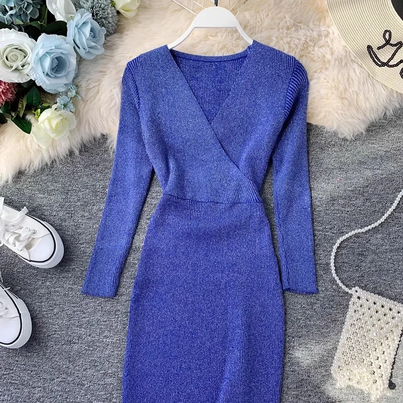 YuooMuoo 2024 Autumn Winter Women Knitted Dress Luxury V-neck Slim Waist Shining Bodycon Dress Office Lady Sweater Vestidos