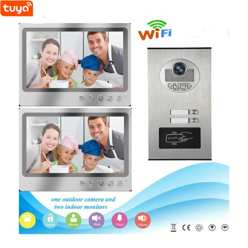 

2 Unit Apartment Video Intercom Tuya Smart 9 Inch Monitor Wifi Video Door Phone Doorbell RFID Unlock Metal Camera System