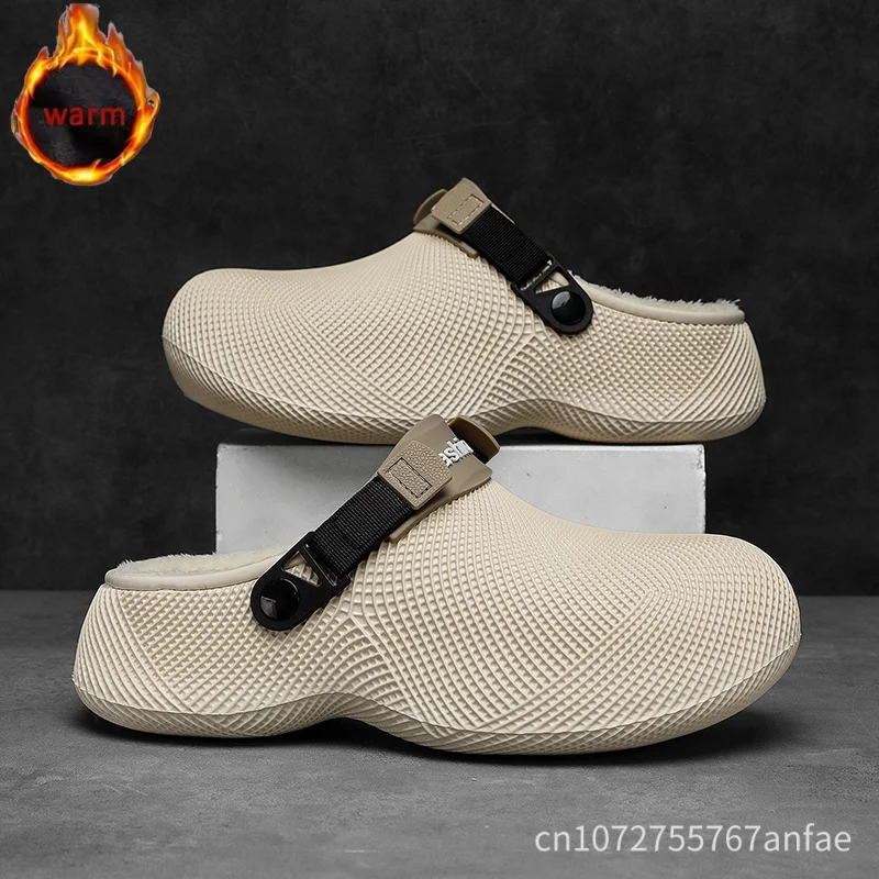 Men Women Winter Fleece Lined Clogs Waterproof EVA Slip On Mules Warm Plush Lining Slippers Thick Sole Non-slip Home Cotton Shoe