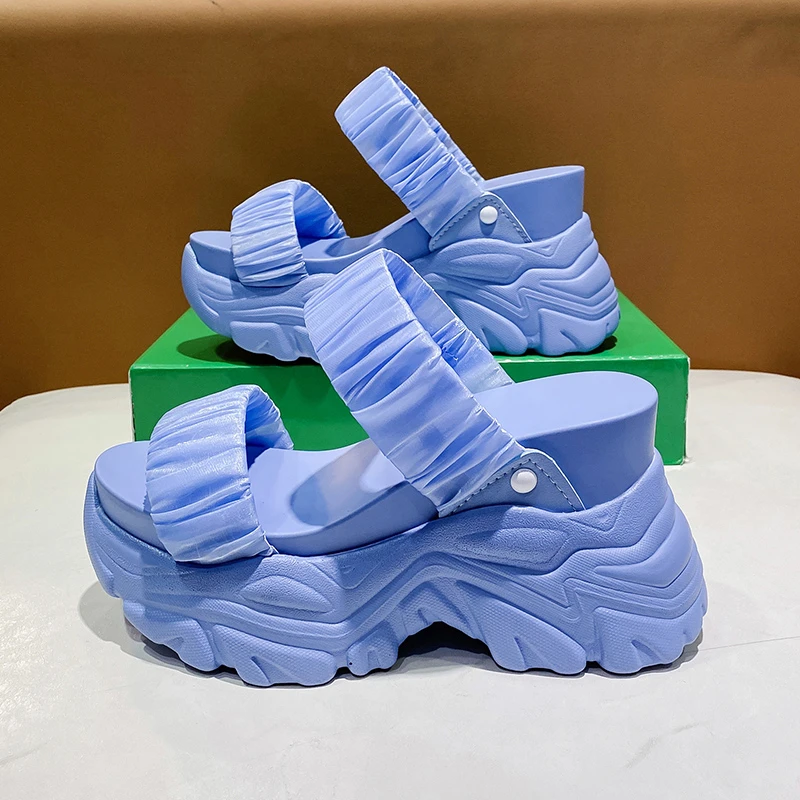 

New 10CM Summer Platform Slippers Women Blue Pleated Riband Discolor Ladies Chunky Sole Beach Cool Wedges Slides Shoes Woman