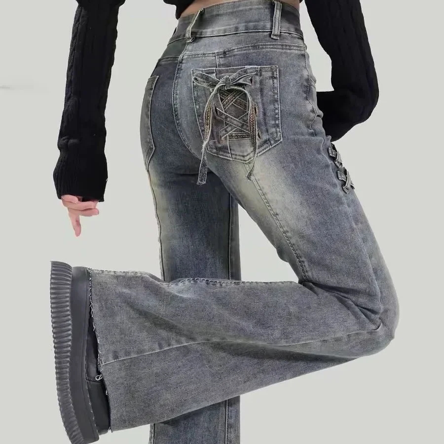 

2025 Spring Autumn Women Vintage Blue High Waist Flare Jeans Butterfly Knot Slim Flt Denim Pants Streetwear Bell Bottom