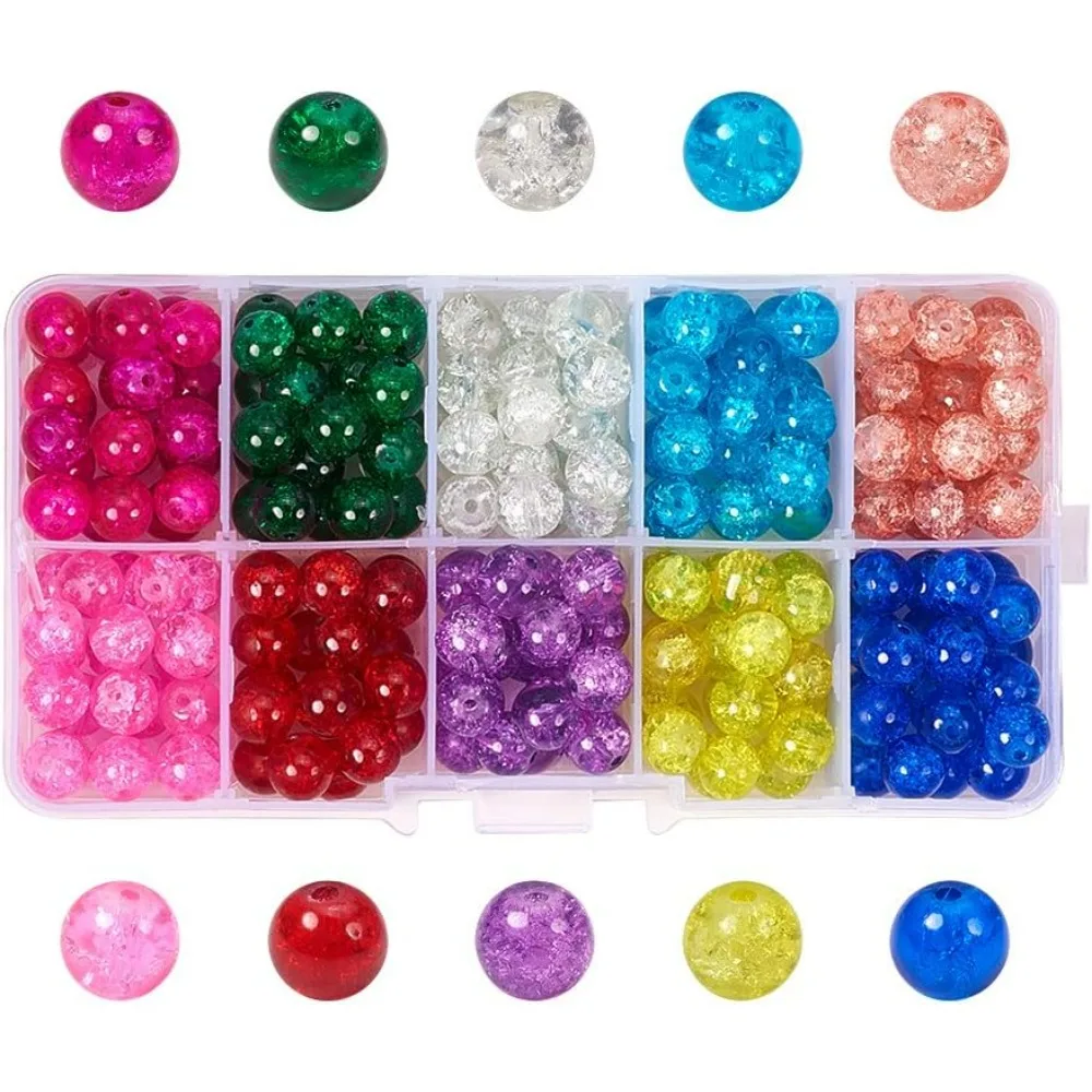 100pcs 10mm Crackle Beads 10 Color Glass Round Beads Crystal Beads for Summer Beading Friendship Bracelet Mother's Day Jewelry