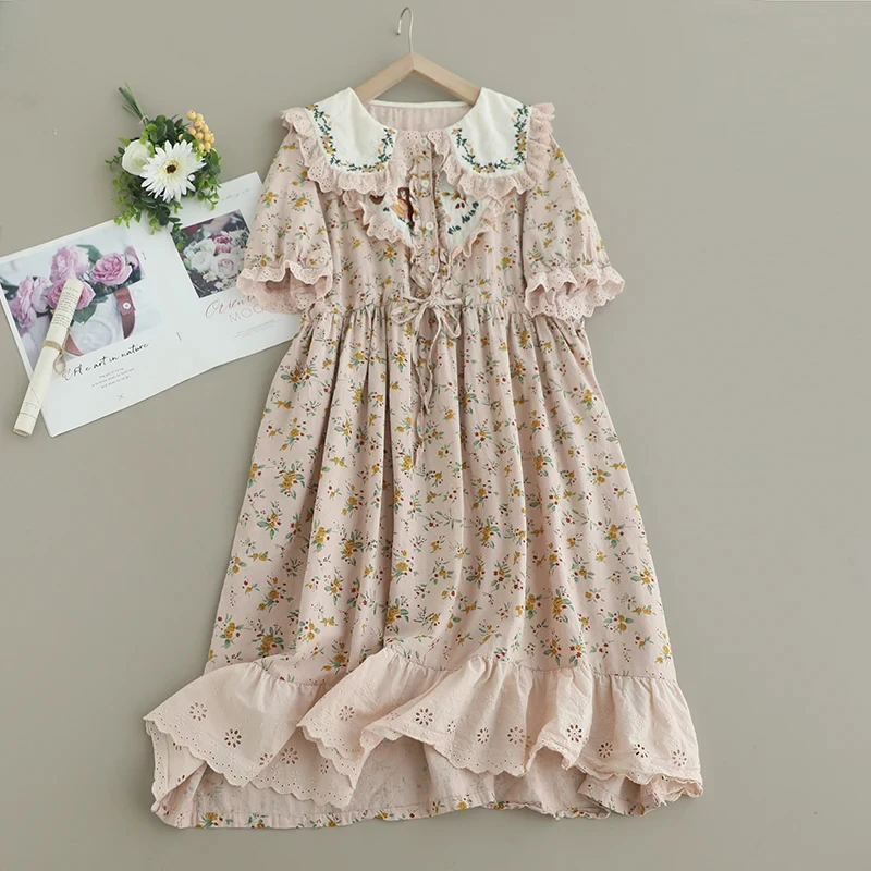 Summer Sweet Japanese Style Vintage Floral Embroidered Dress Women Short Sleeve Drawstring Waist Casual Cotton Midi Dresses