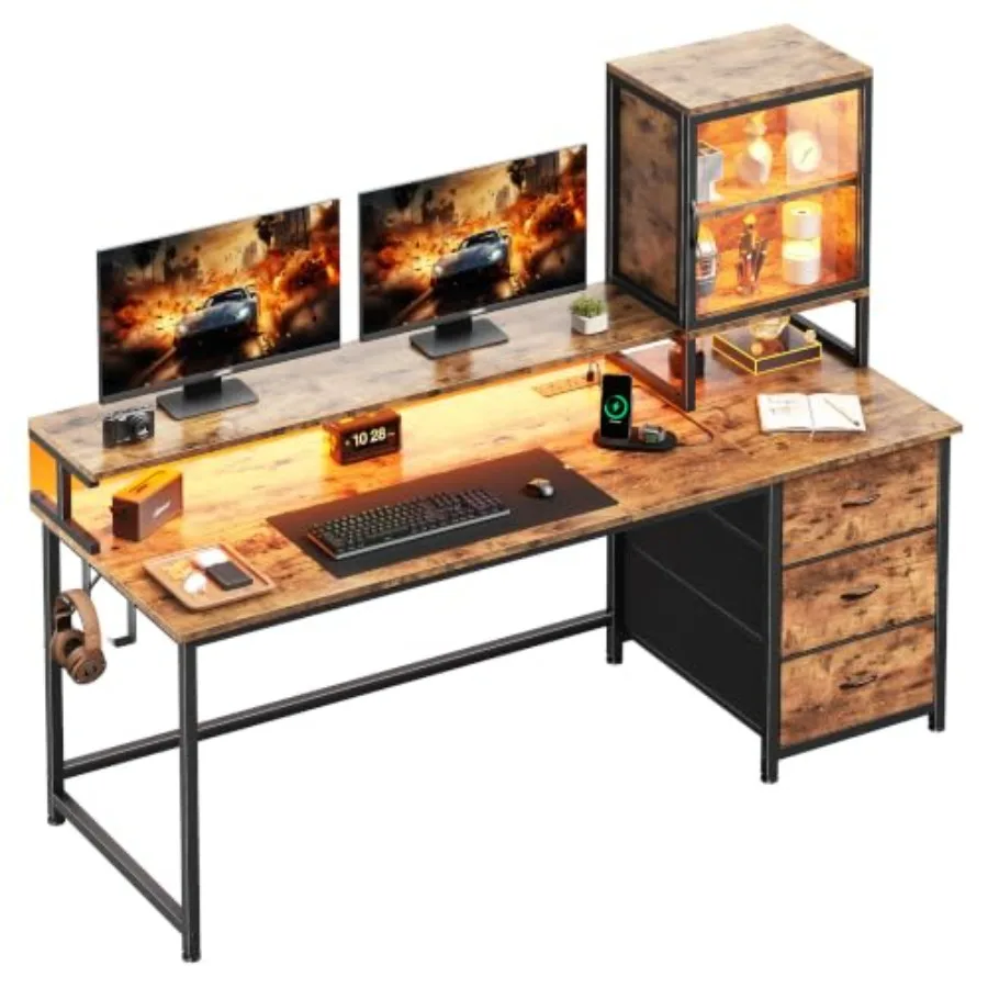 55 Computer Desk with 3 Drawers and Cabinet for Small Space, Brown, Space-Saving Design, Engineered Wood, Warm Brown Finish