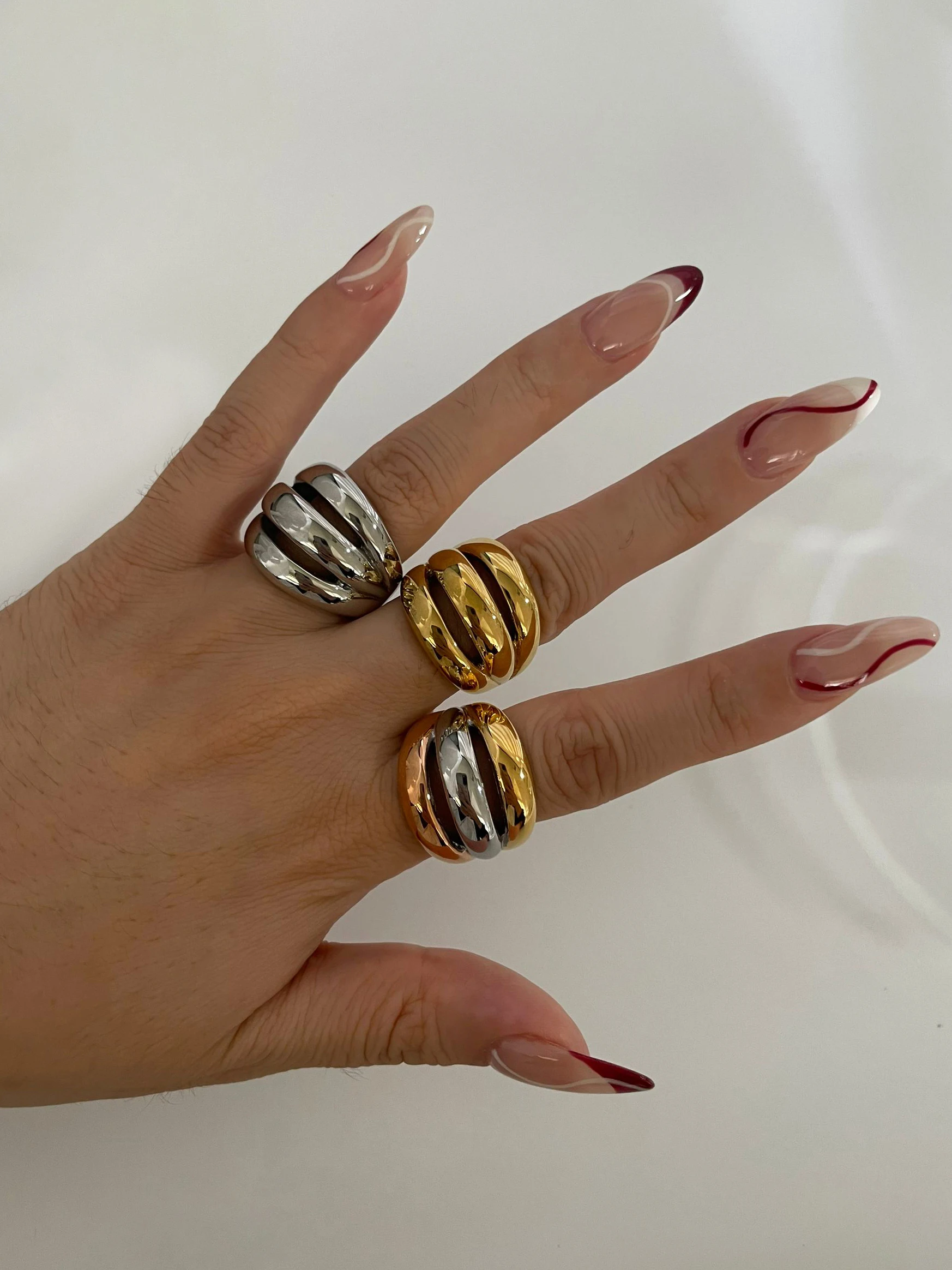 Peri\'sbox Stainless Steel 18K Gold Silver Plated 3 Splicing Color Chunky Dome Ring Multi-Layer Hollow Rings for Women Men Unisex
