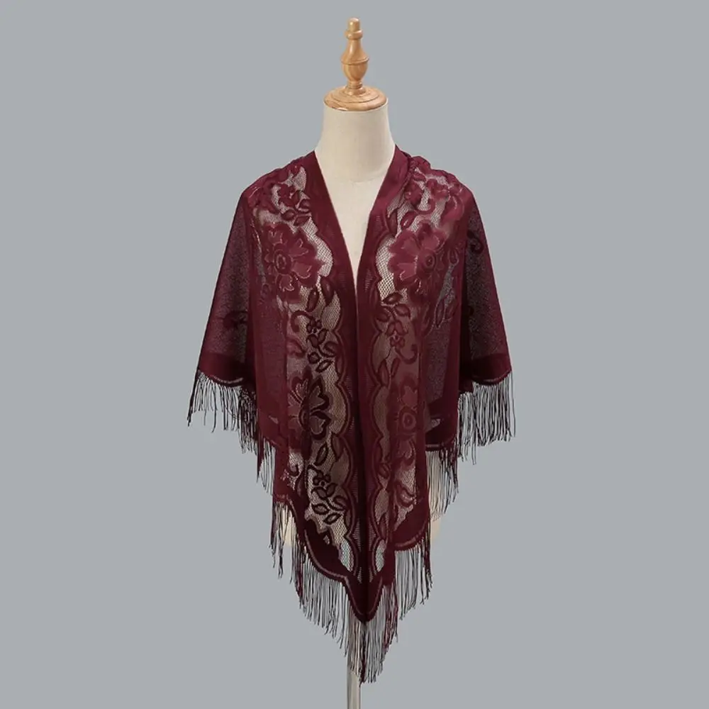 Tassel Patchwork V-Neck Cardigans Women Vintage Shawl Party Dinner Top Scarf Shawls Mesh Cloak Capelet Fringes