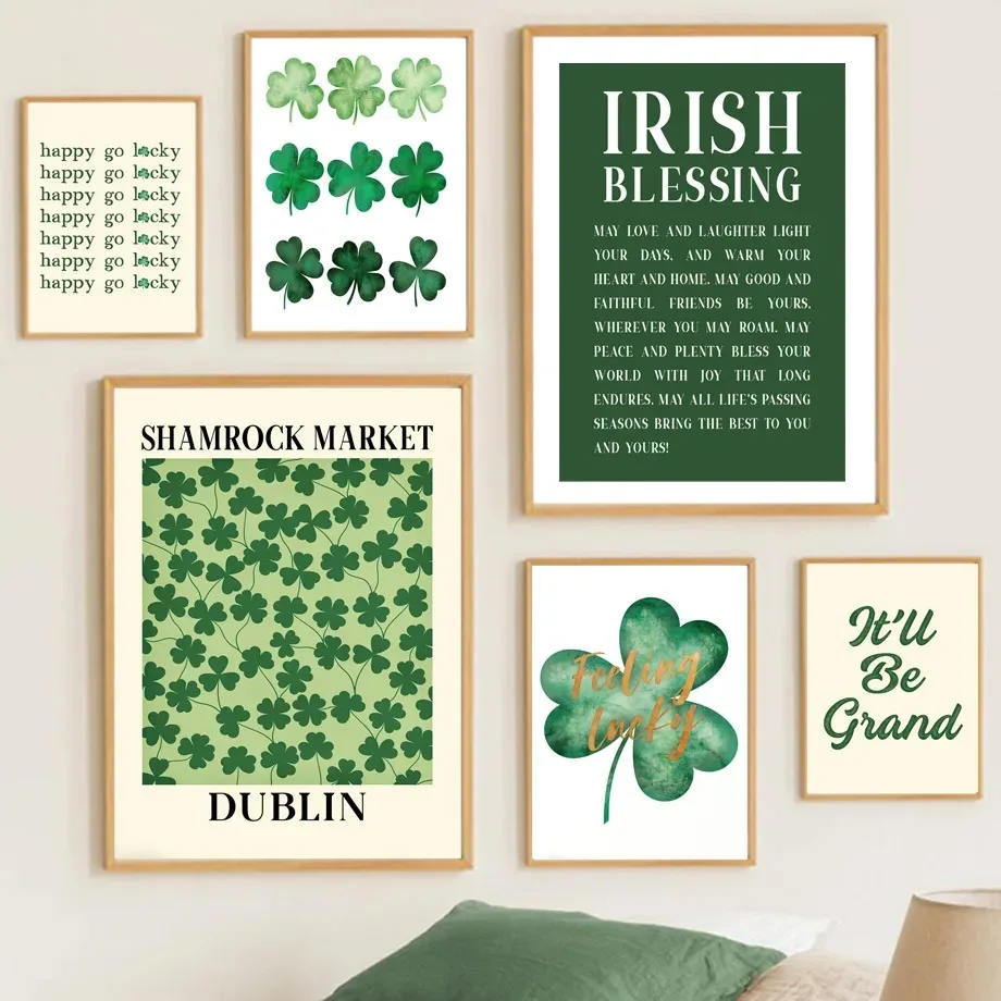St Patrick's Day Lucky Irish Shamrock Boho Rainbow Wall Art Canvas Painting Nordic Posters Prints Pictures For Living Room De