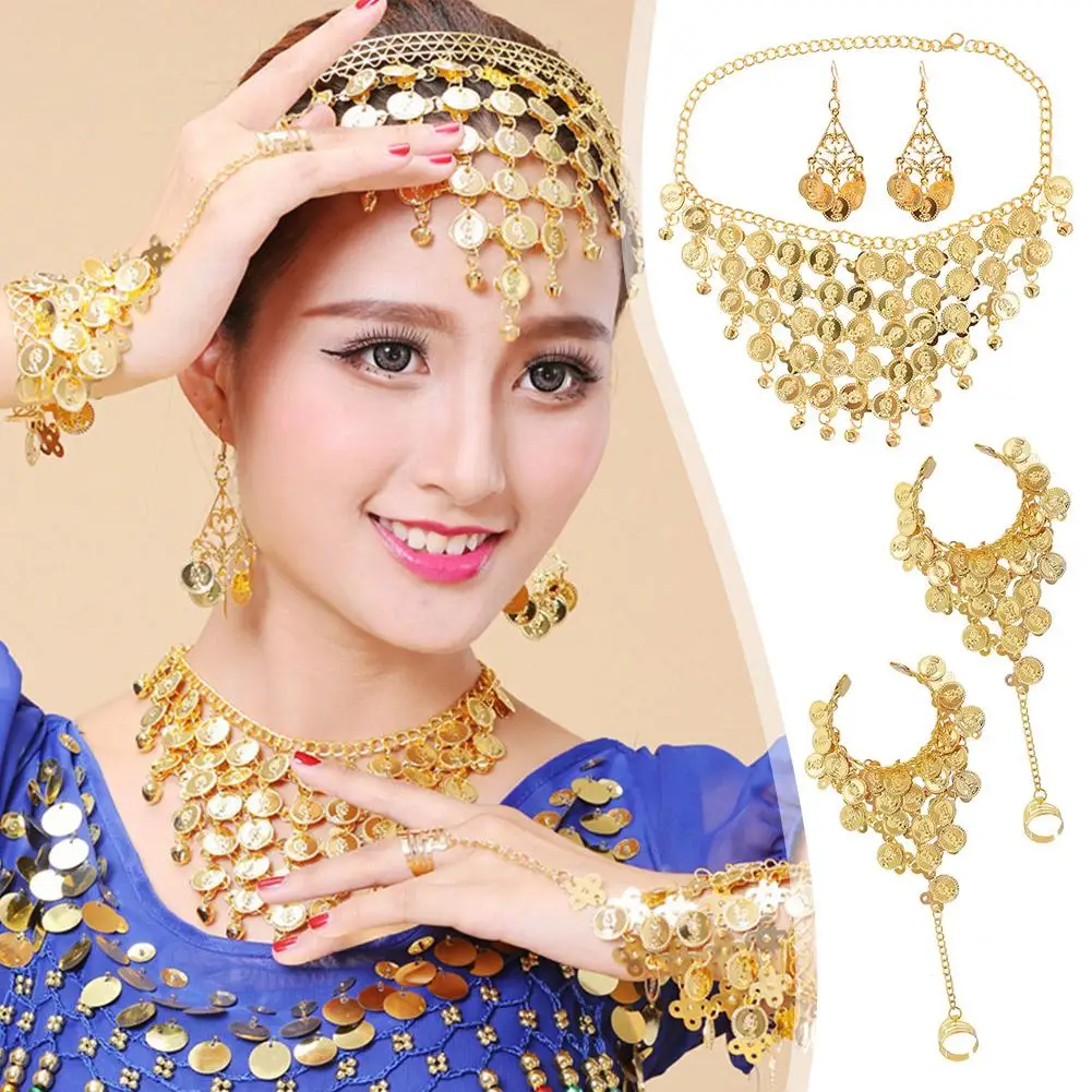 Indian Style Dance Performance Costume Gold Color Vintage Beauty Head Indian Dance Belly Necklace Bracelet Tribal K0D0