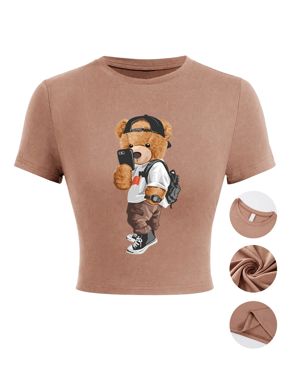 Wear Hat Cool Bear Selfie Printing Damen-Crop-T-Shirts, Sommer, weich, hochelastisch, Tops, O-Ausschnitt, kurze Ärmel, Basic-Slim-T-Shirts