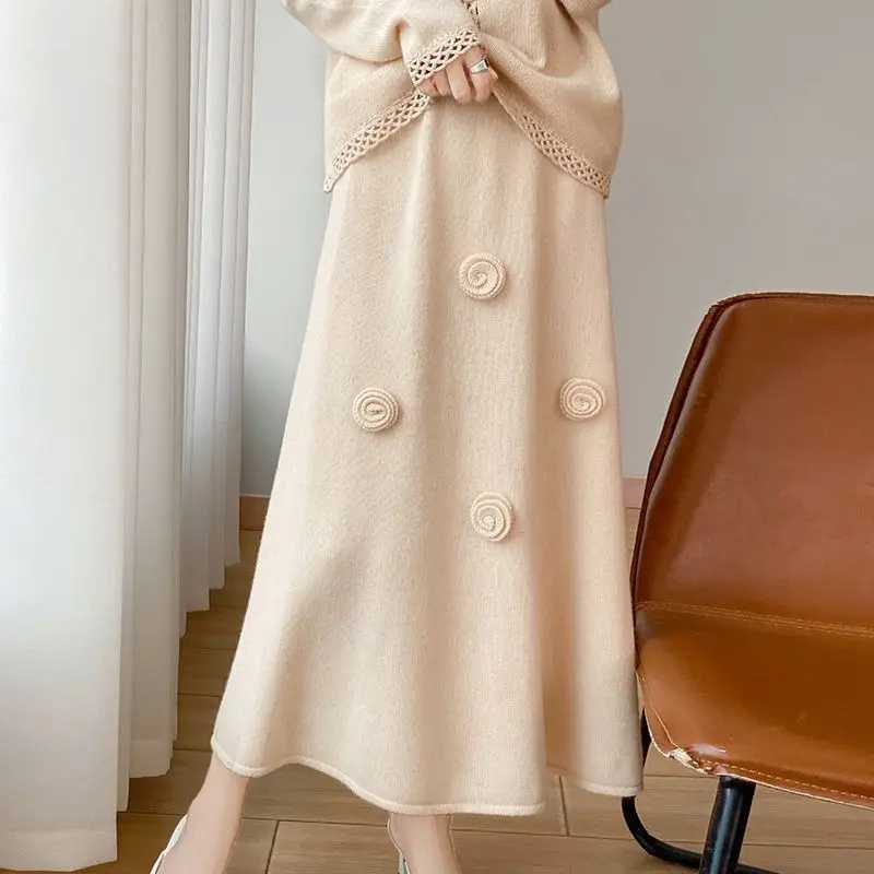 2026 Autumn Winter New Thicken Plush A-line Skirts Wowen Solid Casual High Waisted Long Skirt Ladies Lazy Style Knit Skirt TS598