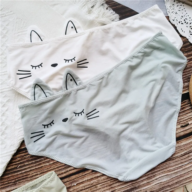 Cute Cartoon Printed Ears Cat Ice Silk Breathable Fresh Sexy Women Underwear Student Lori Sexy Lingerie Cotton Lingerie Panties