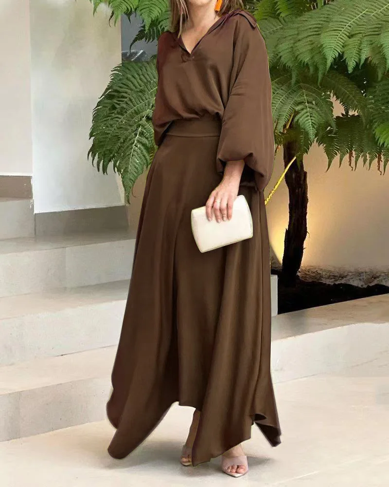 Autumn Women's Suit Loose Large Size Solid Color Long Sleeve Top And High Waist Skirt Sets Lady Fashion Two-Piece Set
