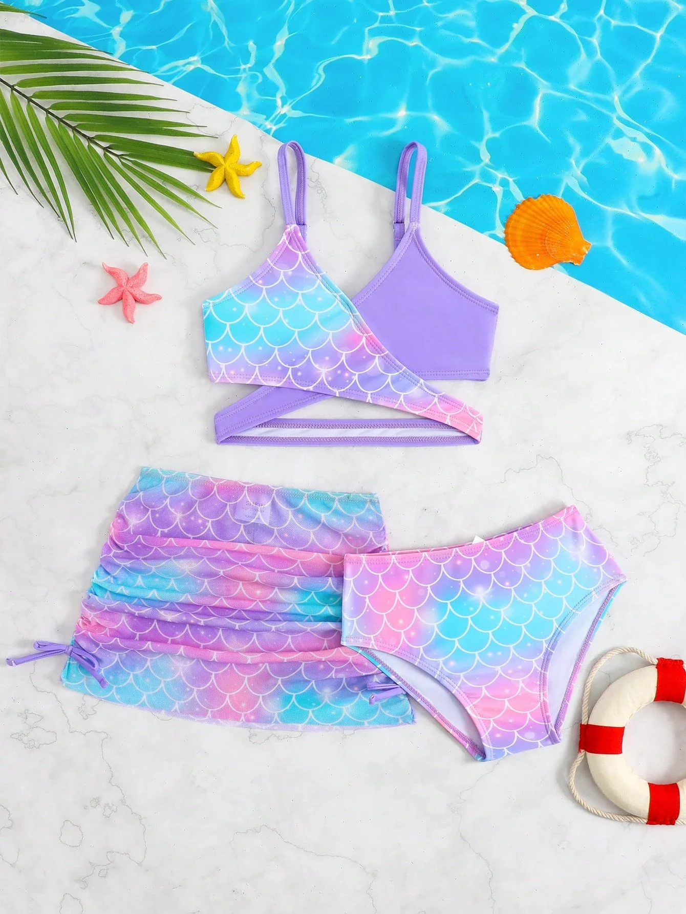 

Комплект бикини из 3 предметов с принтом в виде чешуи русалки и сетчатой юбкой