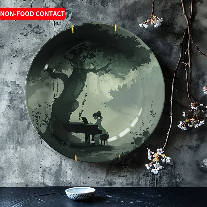 1pc Elegant Piano Under Tree Ceramic Decorative Plate - Serene Piano Player, Pastel Colors, Non-Food Contact Safe for Living