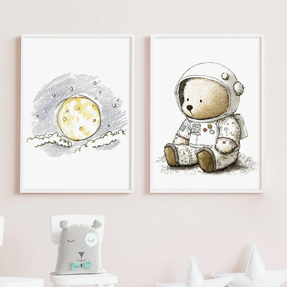 صاروخ القمر الأرض الفضاء الدب رائد الفضاء الكرتون الملصقات من جدار الفن مجموعة قماش يطبع صور Kawaii الطفل غرفة الاطفال ديكور المنزل