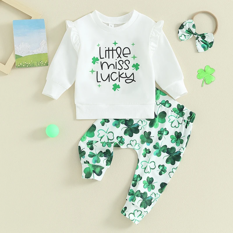 

2023-10-30 Lioraitiin Baby Girl St Patrick's Day Outfit Luckey Ruffle O-neck Sweatshirts Green Pants Headband Clover Clothes Set