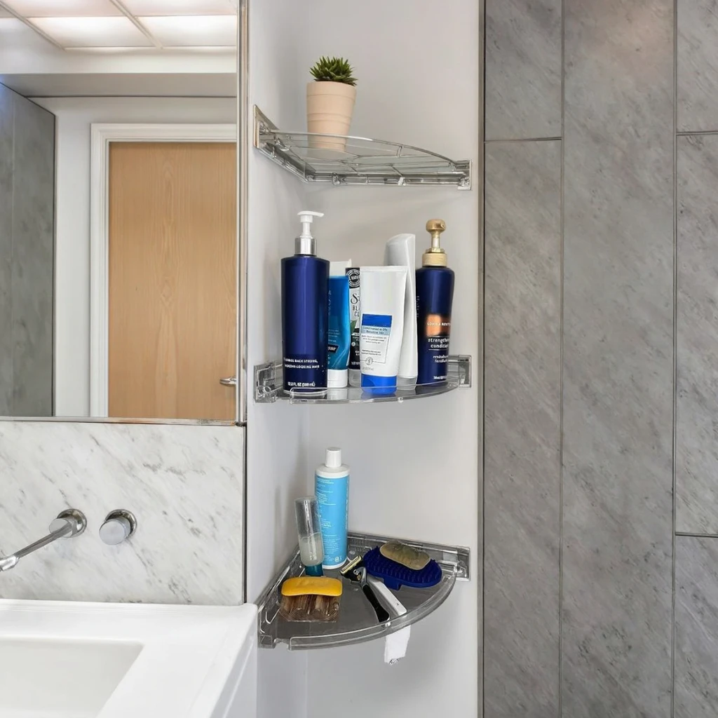 

2 Pack Space-Saving Acrylic Corner Shower Organizer Adhesive Wall-Mounted Caddy Metal Hooks Brushed Finish For Bathroom Kitchen