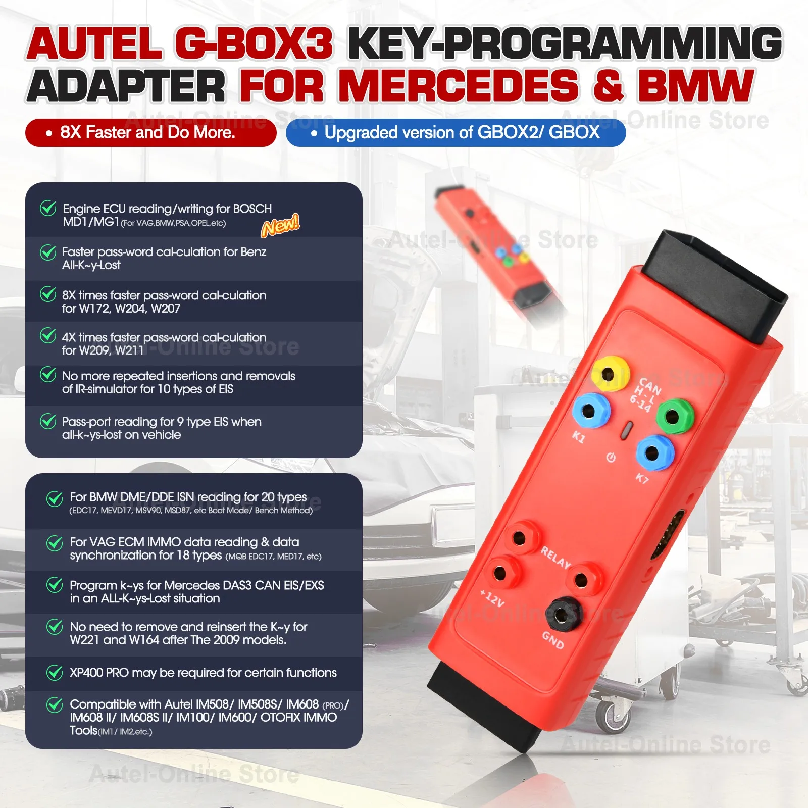 Autel GBOX3 Key Programming Tool G-BOX For Mercedes-Benz BMW Toyota 4A All Key Lost Work Key Programmer With KM100/ IM508/ IM608