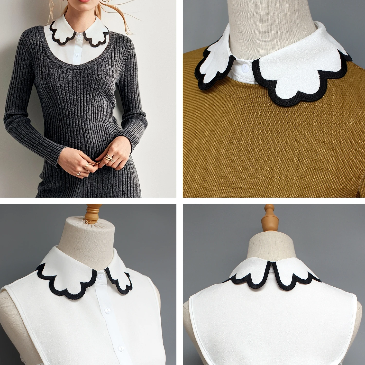 قطعة واحدة من الياقة المزيفة المزخرفة للنساء، ياقة وهمية متعددة الاستخدامات، ياقة قميص رائعة، طبقة أساسية مع تطريز، سوي