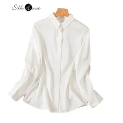 93%Natural Mulberry Silk Spring/summer Top Solid White Women's Shirt Fashionable Elegant Breathable Comfortable Long Sleeved