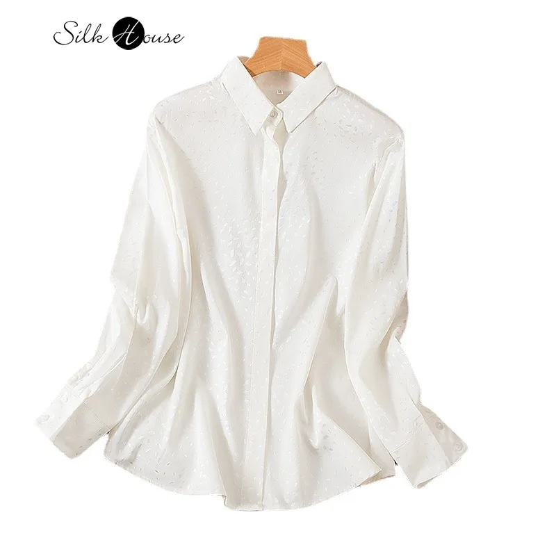 93%Natural Mulberry Silk Spring/summer Top Solid White Women's Shirt Fashionable Elegant Breathable Comfortable Long Sleeved