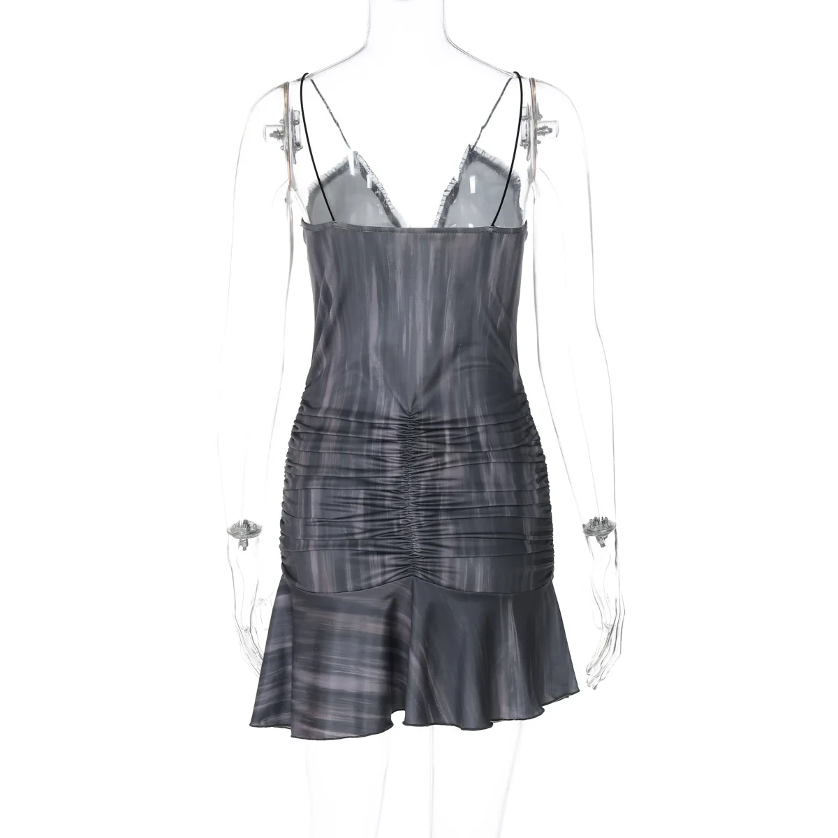 فستان Bangniweigou مزين بالدانتيل مثير بدون أكمام مع كشكشة للنساء للحفلات الليلية رداء رمادي قصير مذهل