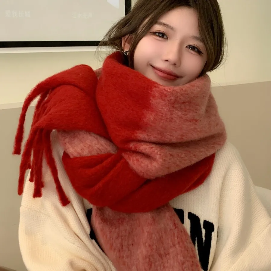 شال وشاح شتوي نسائي - غلاف أحمر كبير جدًا من الكشمير الصناعي الدافئ، هدية عيد الميلاد #4