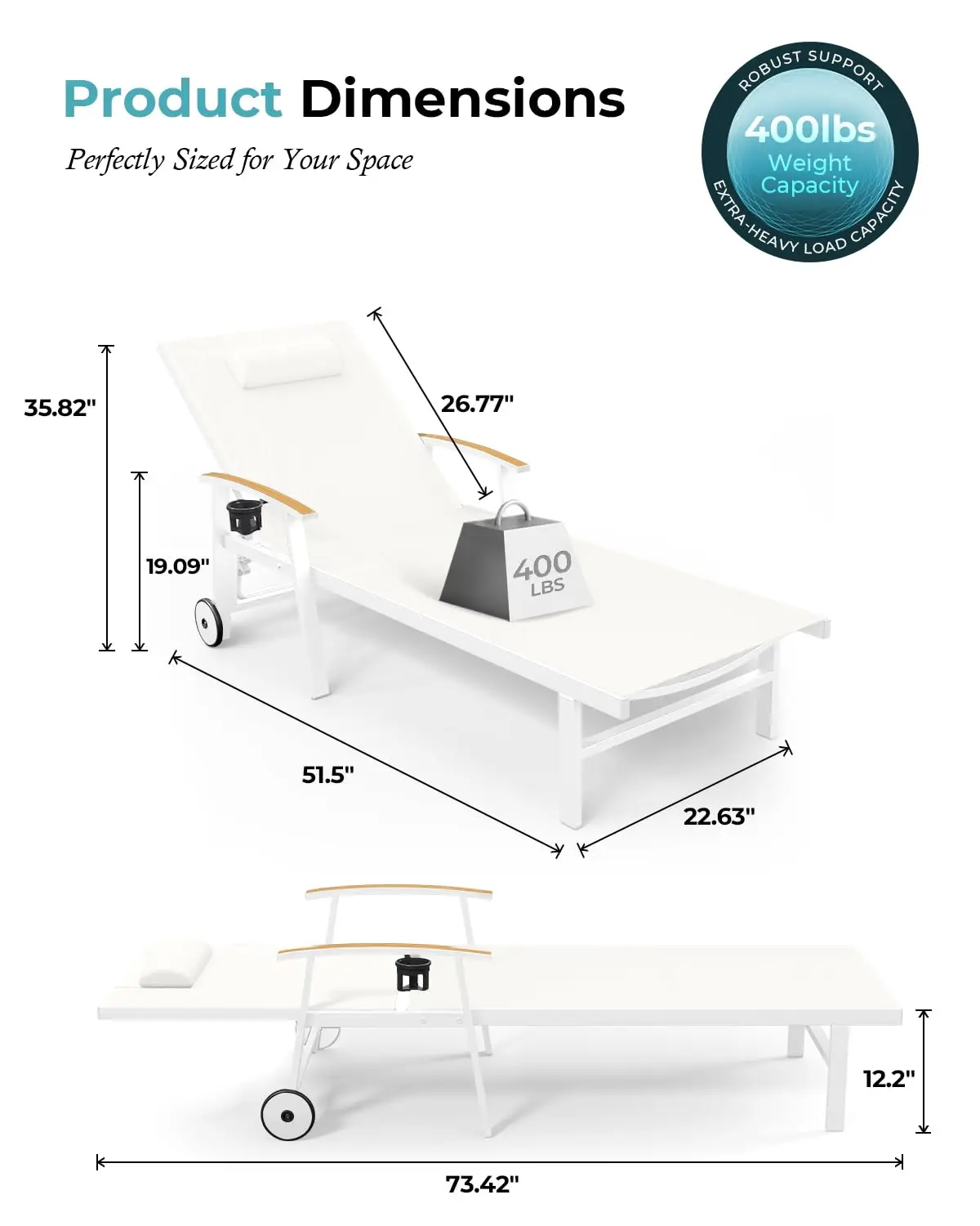 5-Position Lounge Chair Set 4 Pillow, Heavy Duty Aluminum Chaise Wheels Armrests 400 lbs, Poolside Beach Deck, White, Customized