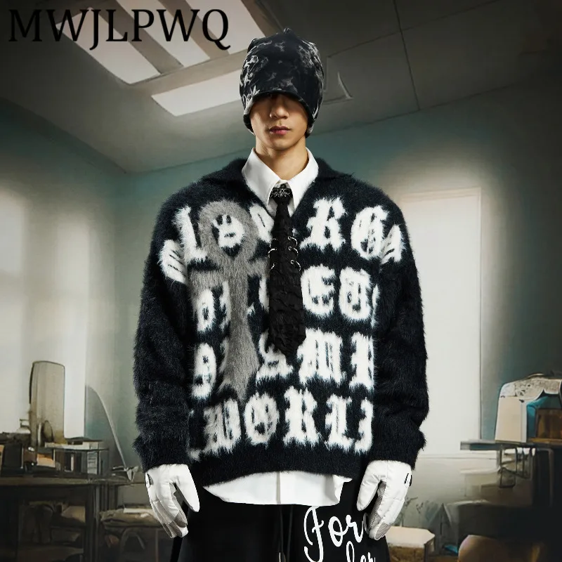 

MWJLPWQ удобный теплый вязаный свитер с отложным воротником и цветными блоками, мужской ленивый повседневный свободный крой с круглым вырезом, топы унисекс 12619