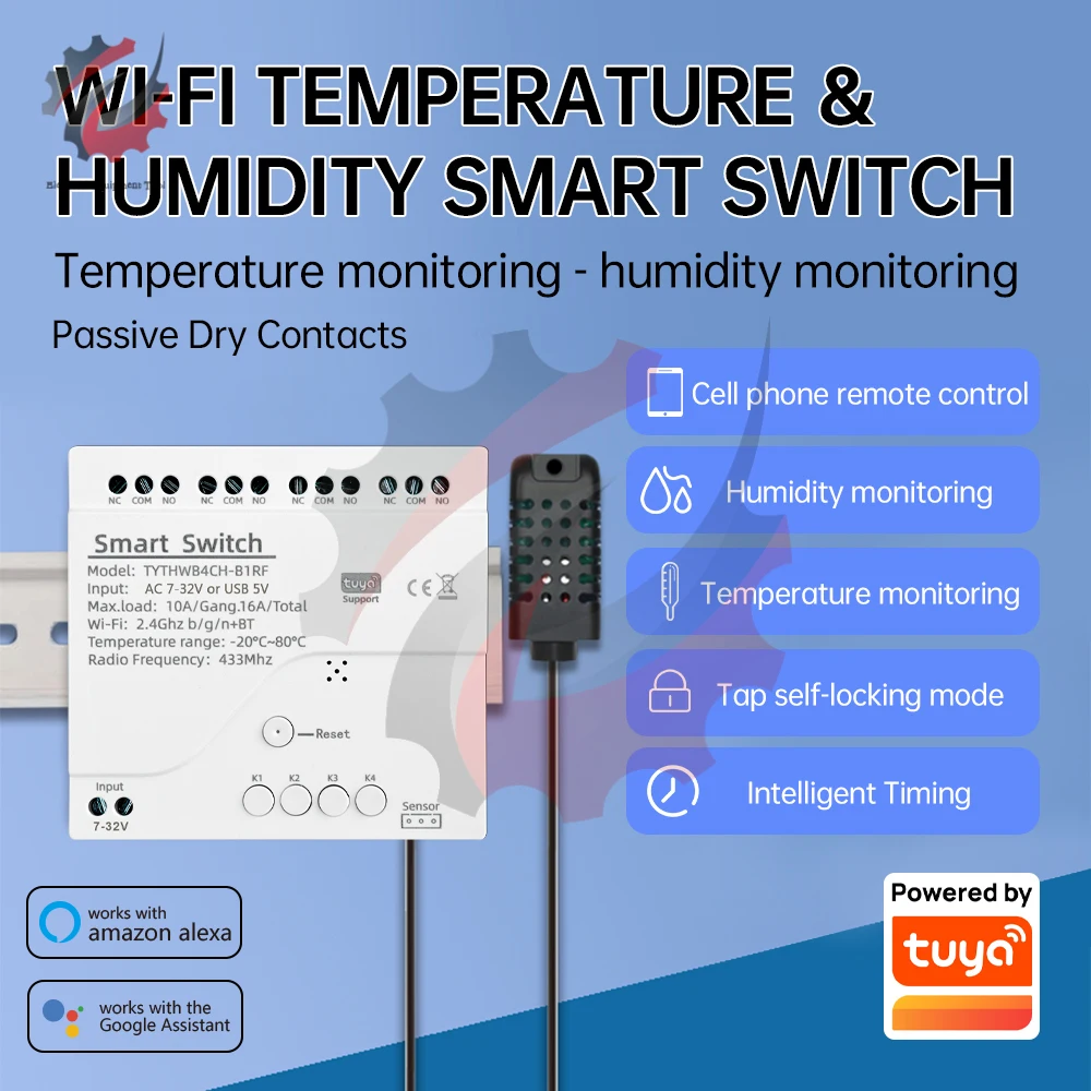 Tuya WiFi 4 Channel Relay Smart Switch with Temperature or Humidity Sensor 7-32V 85-250V 10A RF433 For Alexa Google Home