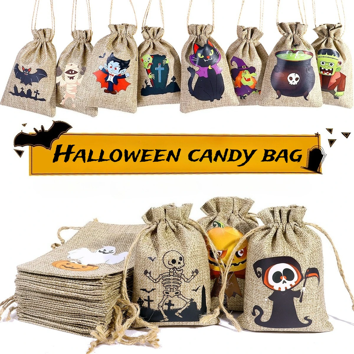 

4/12P Halloween Pumpkin Skull Candy Bag Linen Storage Bag Halloween Horror Fun Pattern Gift Decoration Drawstring Bundle Pocket