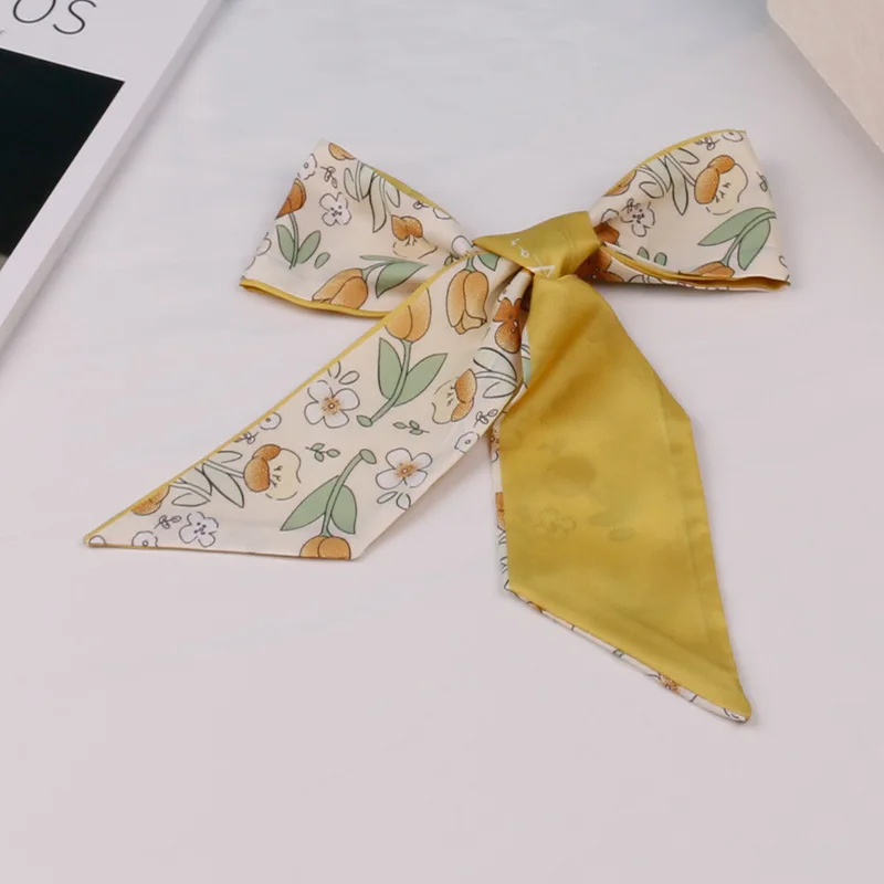 Double Sided Printed Satin Bow Ribbon Scarf Women Elegant Thin Pointed End Hair Tie For Daily Outfit Handbag Decoration
