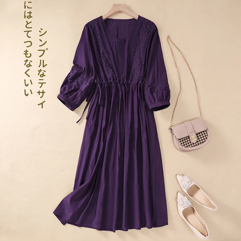 Damska letnia spódnica maxi w kształcie litery A z koronkowym wstawką, dekoltem w serek, rękawami 3/4, sznurowaniem w talii i dużym rozmiarem.