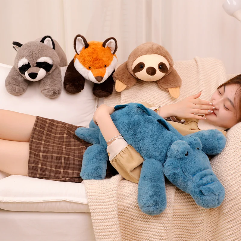 45-55cm Lazy Animal Plush Toy Fluffy Lying Pillow Stuffed Racoon Fox Sloth Backrest Sleeping Doll Room Decro