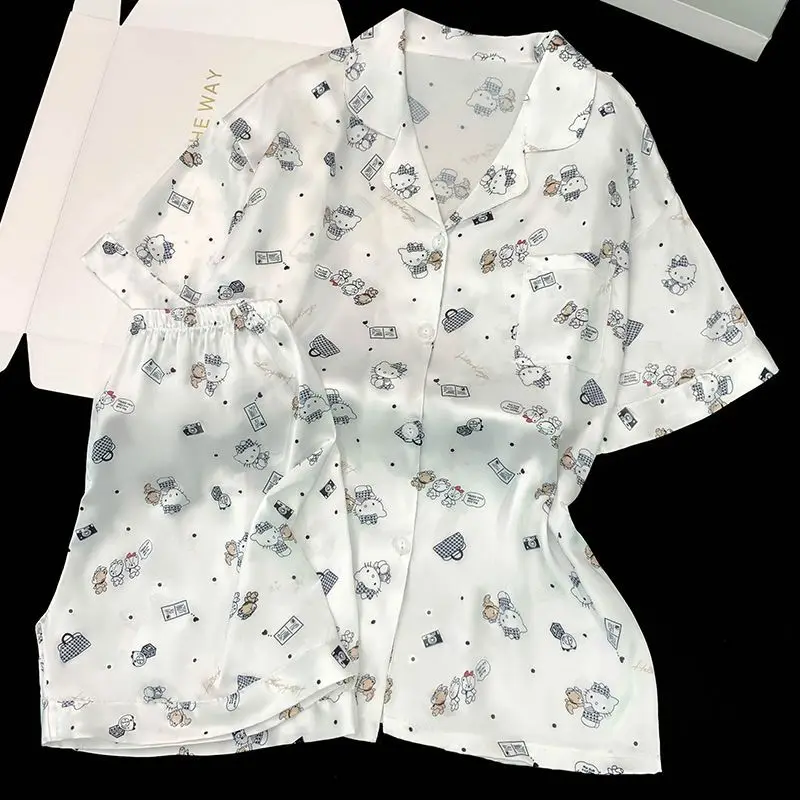 Sanrio Ice Silk Pajama Hello Kitty Pyjama Shorts Short Sleeve Sleepwear Summer Pijama Kawaii Cartoon Nightwear Home Wear 2 Piece