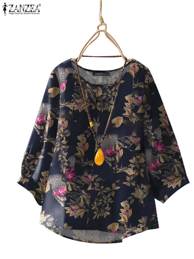 ZANZEA Women\'s Bohemian Floral Blouse Vintage 3/4 Sleeve Tops Casual Loose Fit Cotton Shirt 2025 Spring Lightweight Tunic Tops