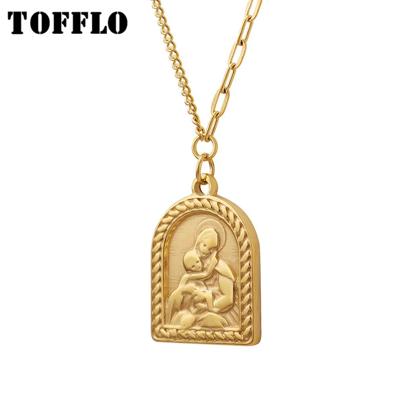 TOFFLO Stainless Steel Jewelry Simple Geometric Metal Half Arc Pattern Edge Necklace Double Pendant Collar Chain BSP1386