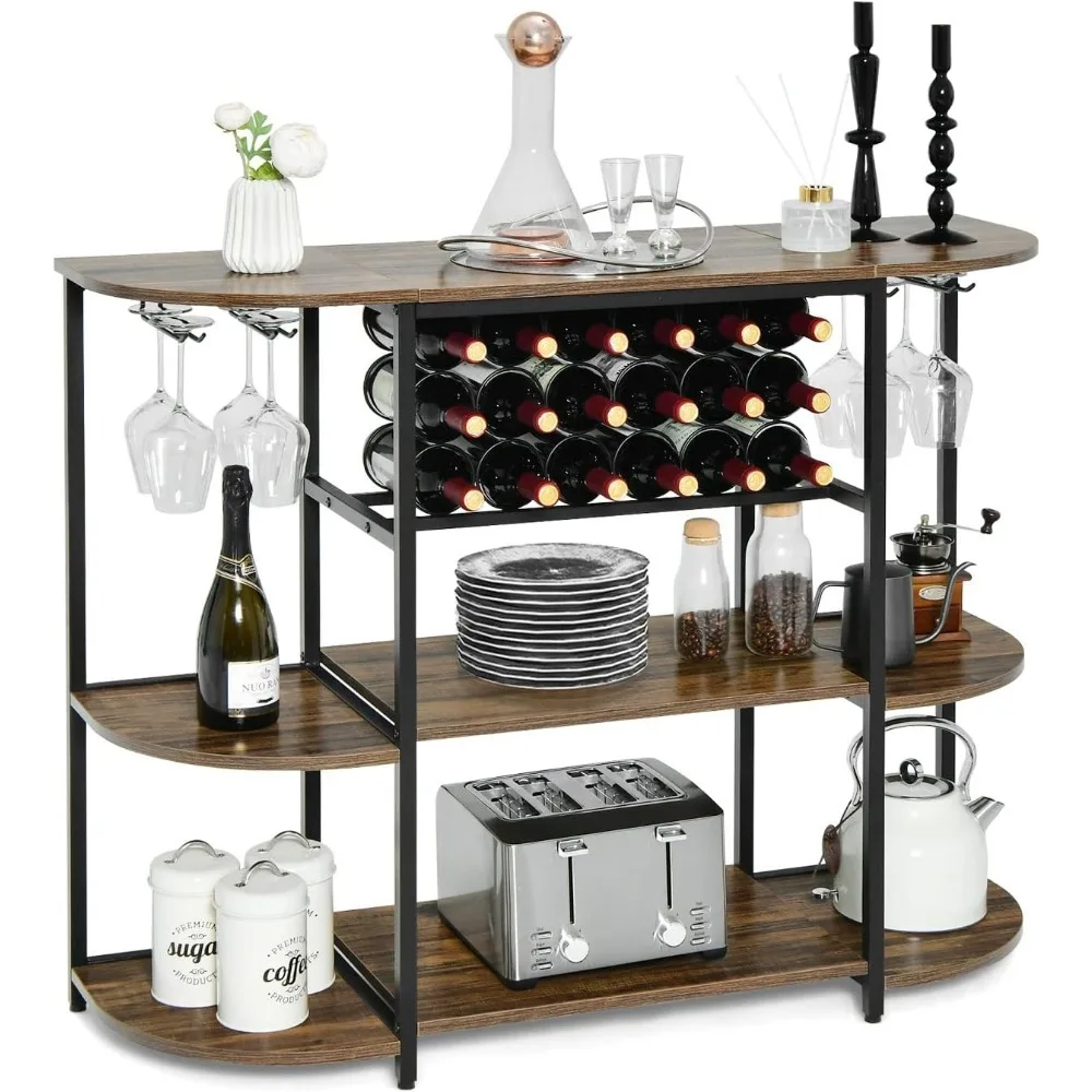 

Wine Bar Cabinet, Wine Racks for 18 Bottles, Glass Holder, 47” Floor Stationary Island, Baker Rack, Storage Shelf