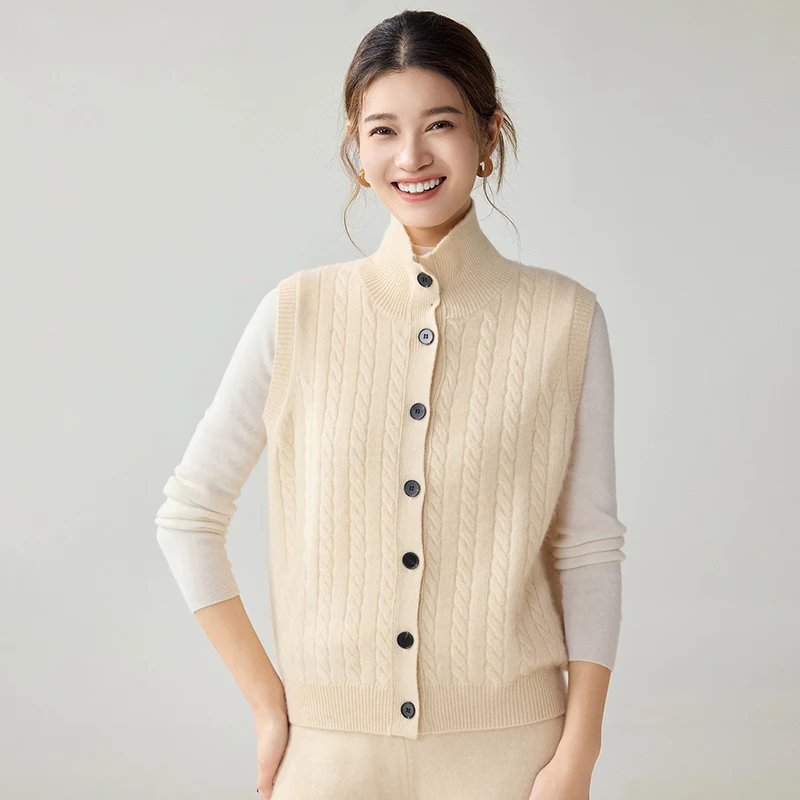 Autumn Winter 100% Premium Cashmere Women Cable Knit Stand Collar Vest Cardigan Retro Textured Commuter Sleeveless Sweater Coat