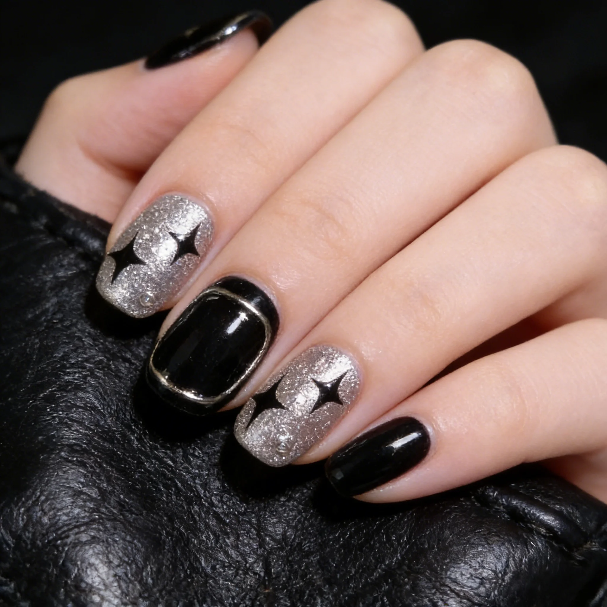 

10pcs Black Sweet Handmade Nails Starlight Black&Gold Cat-Eye Press on Nail Short Square Round Fake Nail for Women&Girl